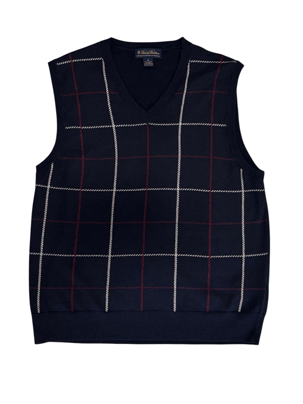 Brooks Brothers Sweater Vest Men M Medium Cotton Cashmere V-Neck Navy Red Plaid
